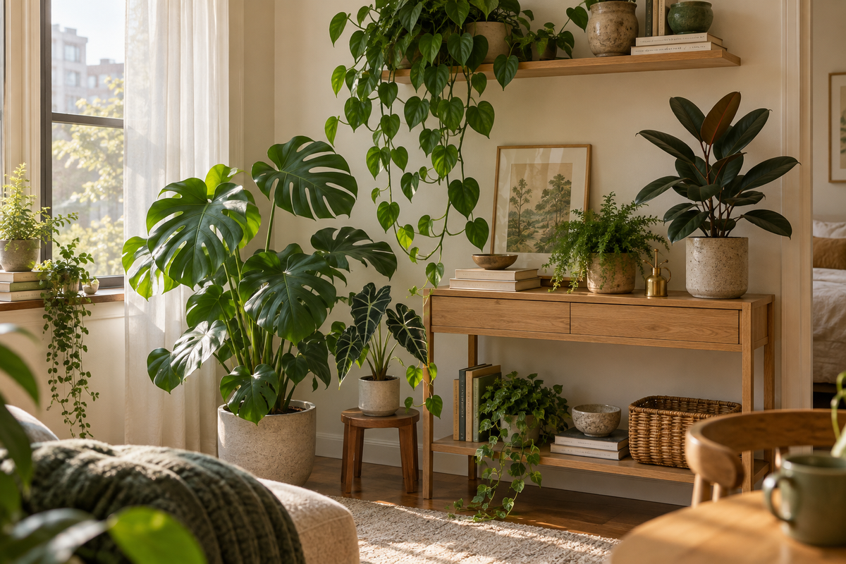 Houseplants arranged on shelves and a console beside a sunlit window.
