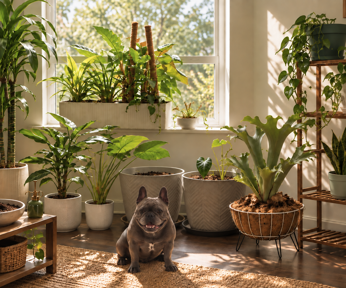 Ragnar, known as Raggie, sitting upright on a beige rug among houseplants in a sunlit room.
